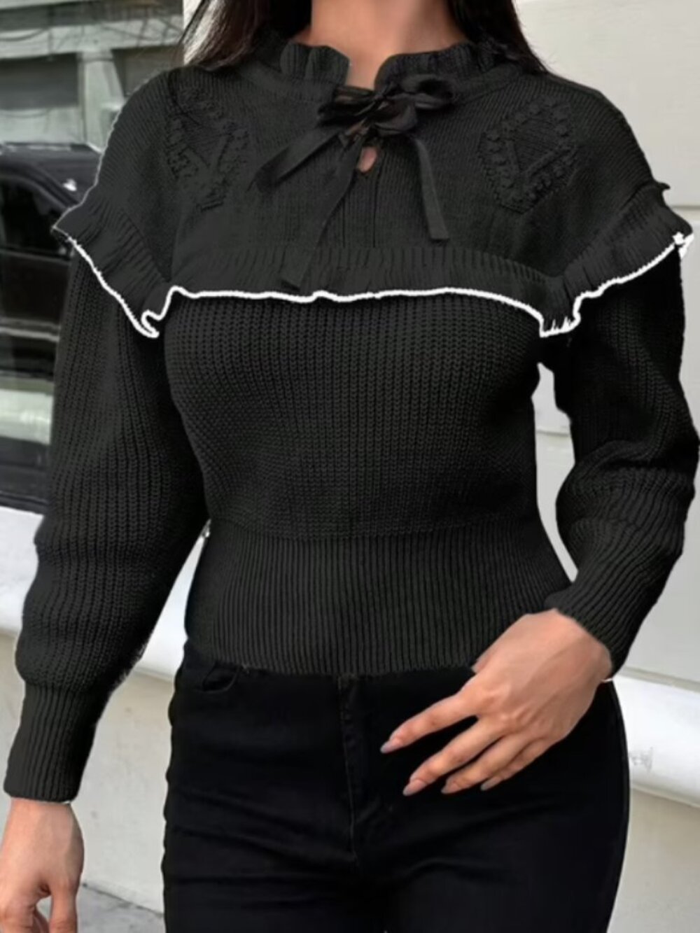 Noir Ruffle Romance Knit Sweater - Black